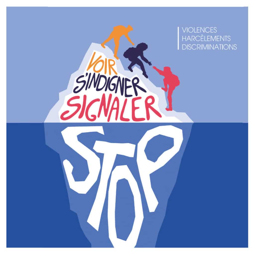 Affiche de sensibilisation contre les violences, harcèlements et discriminations, illustrée par un iceberg avec les mots « Voir, S'indigner, Signaler » en surface et « STOP » dans la partie immergée.