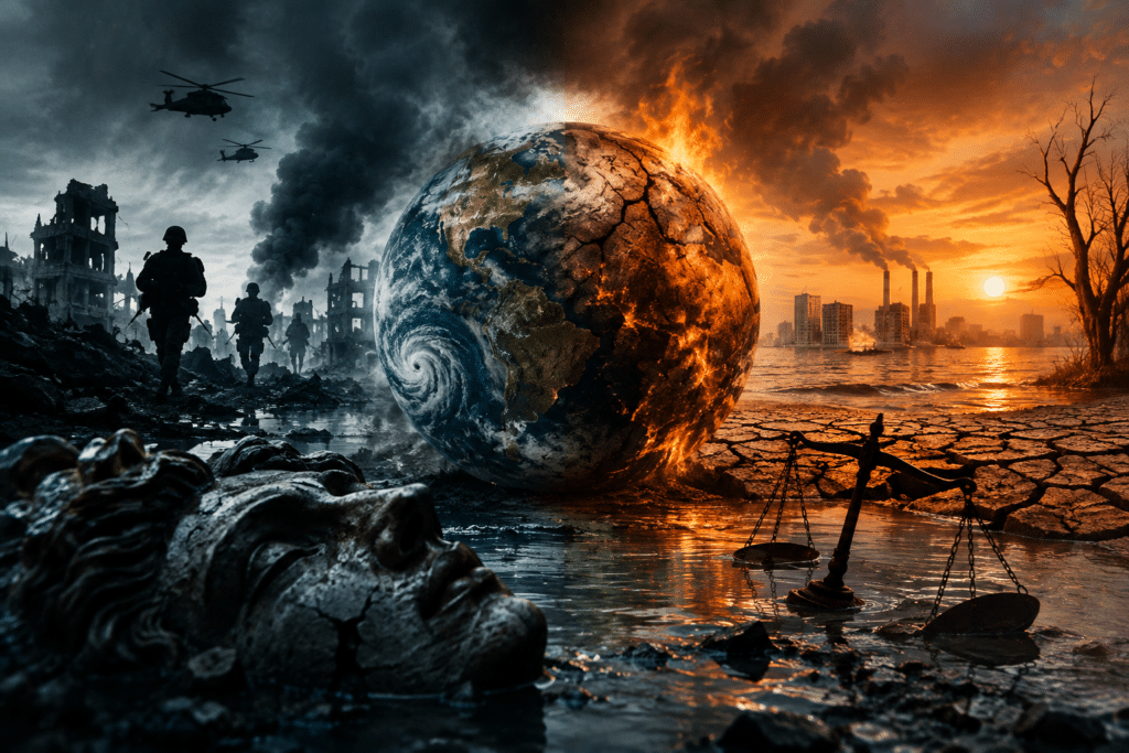 Image symbolique représentant une Terre divisée entre un monde dévasté par la guerre et la pollution à gauche, et un monde en proie aux flammes et au réchauffement climatique à droite. Au premier plan, une balance de la justice déséquilibrée et un visage antique brisé gisent dans la boue.