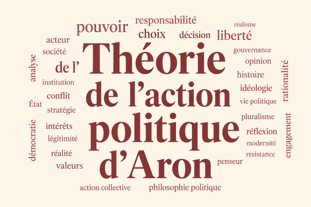 Nuage de mots consacré à la théorie de l’action politique d’Aron. Au centre, les mots « Théorie de l’action politique d’Aron » apparaissent en très grand, entourés de notions telles que pouvoir, responsabilité, choix, décision, liberté, acteur, société, État, conflit, stratégie, intérêts, légitimité, démocratie, rationalité, idéologie, gouvernance, pluralisme et action collective.