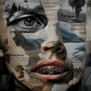 Collage numérique d'un visage humain composé de photographies de paysages, de zones de guerre, de foules de réfugiés et de coupures de presse sur le climat et la fragilité du monde