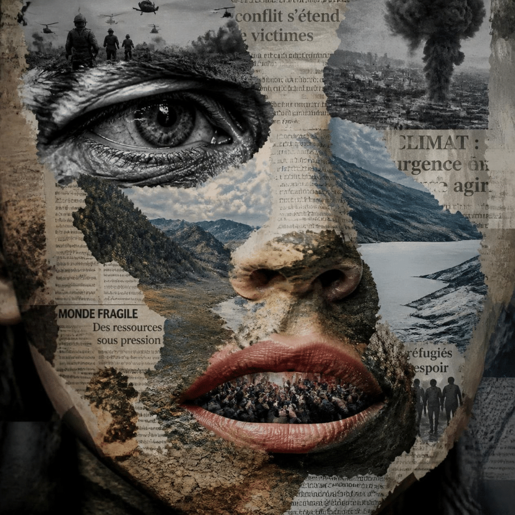 Collage numérique d'un visage humain composé de photographies de paysages, de zones de guerre, de foules de réfugiés et de coupures de presse sur le climat et la fragilité du monde